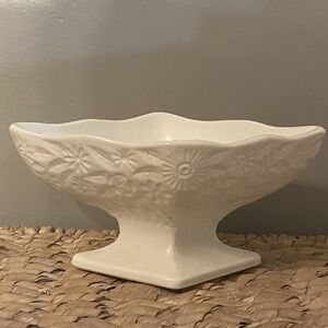 Vintage Milk Glass Dish Diamond Shape Pedestal Candy Nut Bowl Floral Sun